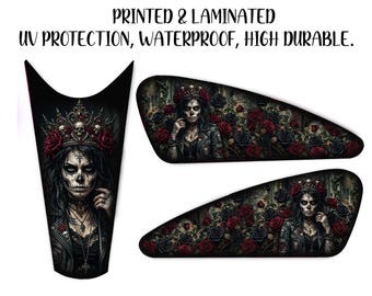May include: Black and white graphic of a woman with skull face paint, wearing a crown of roses and skulls, and a black leather jacket. The image is printed on a black background with the text "PRINTED & LAMINATED UV PROTECTION, WATERPROOF, HIGH DURABLE."