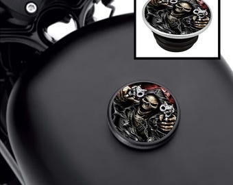 Motorrad HD Tankdeckel Aufkleber / Tank Sticker / Skelett / Pistole gedruckt & laminiert