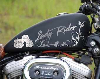Motorcycle lady rider Tank Decal / Sticker 2pcs / Moto Gas Tank Stickers / flowers