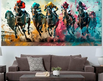 Horse Racing Canvas Art Print, Colorful Equine Wall Decor