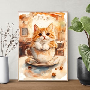 Orange fluffy cat in the coffee cup, fluffy cat digital wall art, wall art gift for coffee bar, Wall art cat for thanksgiving, Download