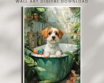 Cute Dog in Bathtub Digital Wall Art - Printable Pet Decor for Dog Lovers - Rustic Bathroom Dog Artwork Wall Art - Cute Dog in Green Bathtub