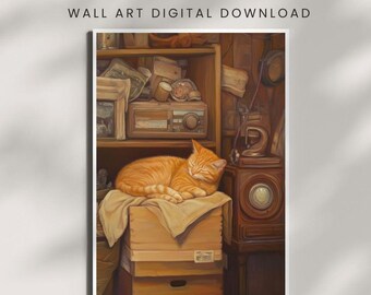Vintage Cozy Cat Print, Retro Room Wall Art with Sleeping Orange Cat, Perfect Digital Download for Cat Lovers & Vintage Decor, Home decor.