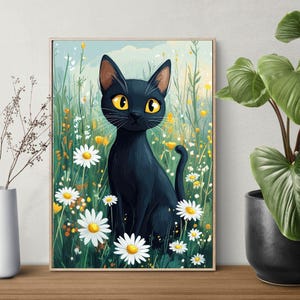 Black Cat in Flower Garden Wall Art Digital Download, Floral Black Cat Printable Art Cute Cat in Flowers, Printable Cat Wall Art.