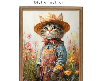 Whimsical Cat Gardener Wall Art, Digital Download, Watercolor Cat in Floral Field, Rustic Animal Portrait for Home Decor, Gift for Pet lover