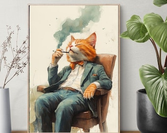 Cool Orange Cat Smoking Art Print, Retro Feline Wall Art Digital Download, Hipster Orange Cat Smoking, Stylish Retro Wall Art for Cat Lovers