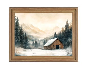 Rustic Winter Cabin in Snowy Mountains - Digital Wall Art Download, Forest Landscape Print, Cozy Winter Decor, Rustic Farmhouse Artwork