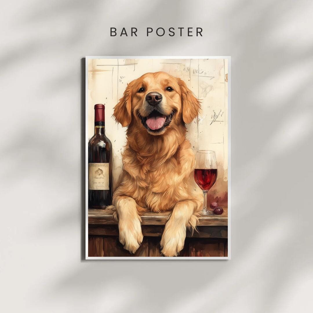 Quadro Da Parete KUSTOM ART Golden Retriever Barista Con Cocktail – Stampa Su Legno MDF, 25x18 Cm, Serie Animali