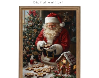 Könnte beinhalten: Der Weihnachtsmann in einem roten Anzug mit weißem Bart verziert Lebkuchen. Er steht vor einem Weihnachtsbaum und einem Lebkuchenhaus. Auf einem Tisch vor ihm liegen mehrere Kekse.