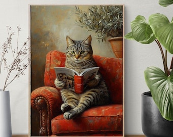 Tabby Cat Reading on a Red Couch Digital Wall Art, Charming Tabby Cat with Book on Red Sofa Instant Download, Relaxing Tabby Cat Wall print.