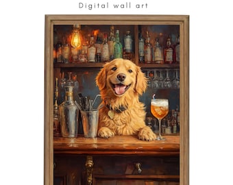 Golden Retriever Bartender Wall Art - Funny Dog Bar Scene Digital Download - Rustic Pub Decor for Dog Lovers - Gift idea for friend
