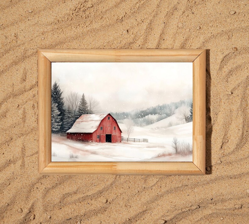 Red Barn Winter Scene Wall Art, Rustic Christmas Farmhouse Digital ...