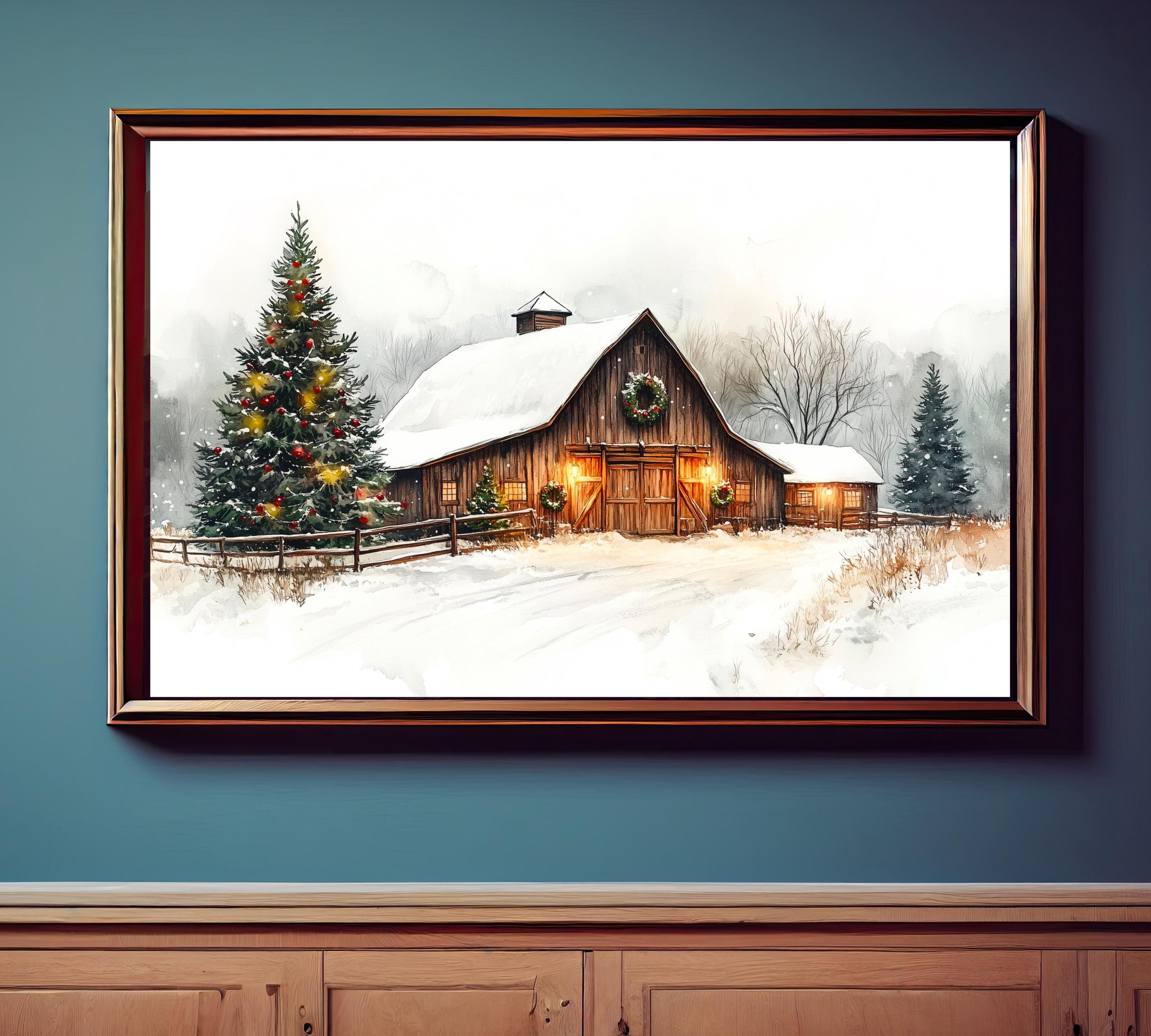 Christmas Winter Barn Watercolor Wall Art, Rustic Snowy Farmhouse Scene ...