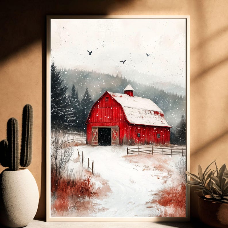 Red Barn Winter Landscape Printable Wall Art - Rustic Farmhouse Decor ...