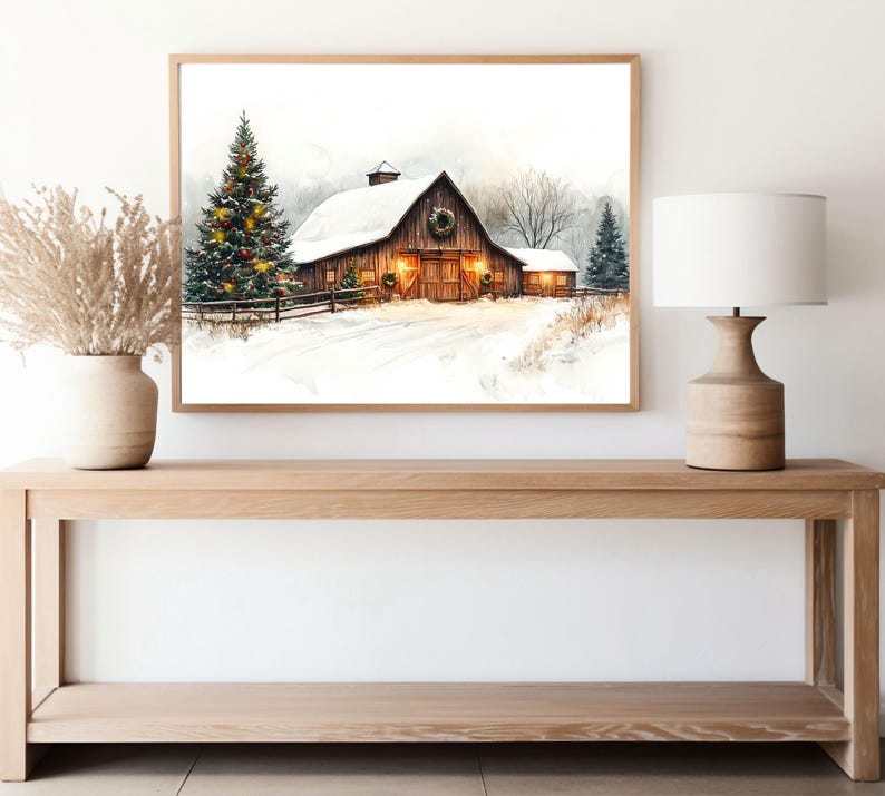 Christmas Winter Barn Watercolor Wall Art, Rustic Snowy Farmhouse Scene ...