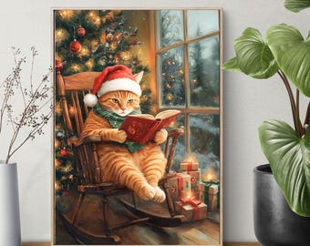Christmas Cat Reading Under Tree, Cute Holiday Wall Art Digital Download, Festive Cat with Books Christmas Tree Wall Art Instant Download