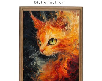 Fiery Orange Cat Digital Wall Art, Abstract Feline Portrait with Green Eyes, Instant Download for Cat Lovers, Wall art Gifts for Cat Lover