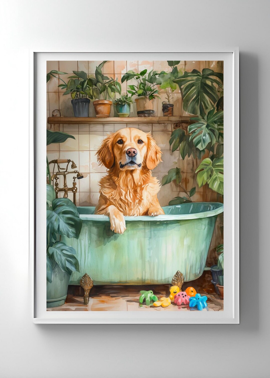 Golden Retriever Watercolor Wall Art - Dog in Bathtub Digital Download ...