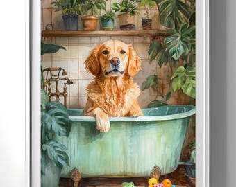 Golden Retriever Watercolor Wall Art - Dog in Bathtub Digital Download - Plant Decor for Pet Lovers - Funny Poster - Funny House Decor Art