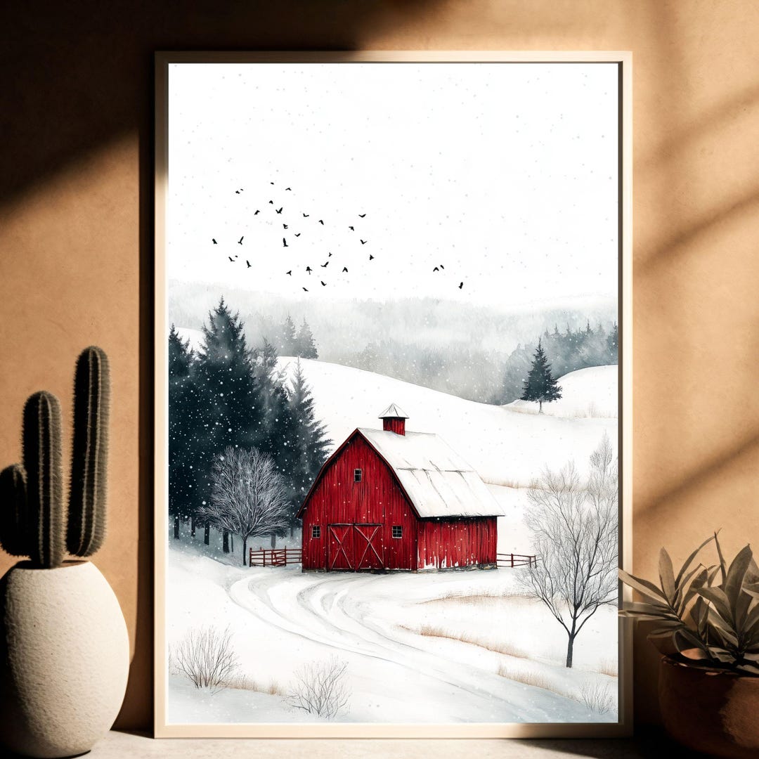 Winter Red Barn Wall Art Digital Download – Snowy Farmhouse Landscape ...