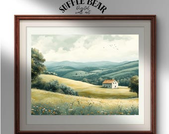 Muted Green Countryside Landscape Wall Art, Rustic Minimalist Frame Art, Serene Rolling Hills with Cottage, Soft Neutral Tones for Home