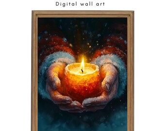 Christmas Candle Wall Art, Santa Hands Holding Candle Wall Art, Cozy Winter Home Decor, Holiday Printable Artwork, Warm Christmas Gift Idea