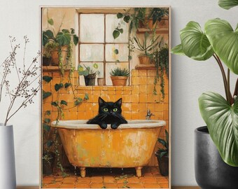 Black Cat in Bathtub Print, Playful Black Cat in Vintage Bathtub, Cute Bathroom Decor, Colorful Vintage Room Print, Printable Wall Art.