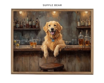 Golden Retriever Bartender Wall Art - Funny Dog at Bar Digital Download - Rustic Pub Decor for Dog Lovers