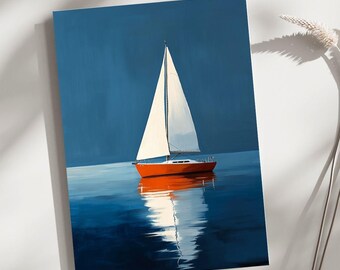 Minimalist Sailboat Wall Art - Modern Nautical Digital Download - Blue Ocean and Red Boat Painting - Coastal Home Decor Printable Art