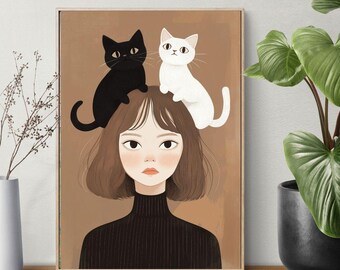 Minimalist Wall Art Cute Girl with White and Black Cat Kids Room Decor, Cute Girl with Cats Minimalist Art Print, Modern Nursery Wall Art