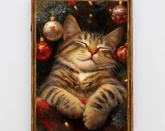 Cozy Christmas Cat Wall Art - Digital Download | Festive Tabby Cat Sleeping with Ornaments | Holiday Cat Decor for Pet Lovers