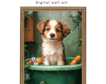 Adorable Puppy Bath Time Wall Art - Watercolor Printable Pet Decor - Digital Download for Dog Lovers - Mew Year Gifts for Friend