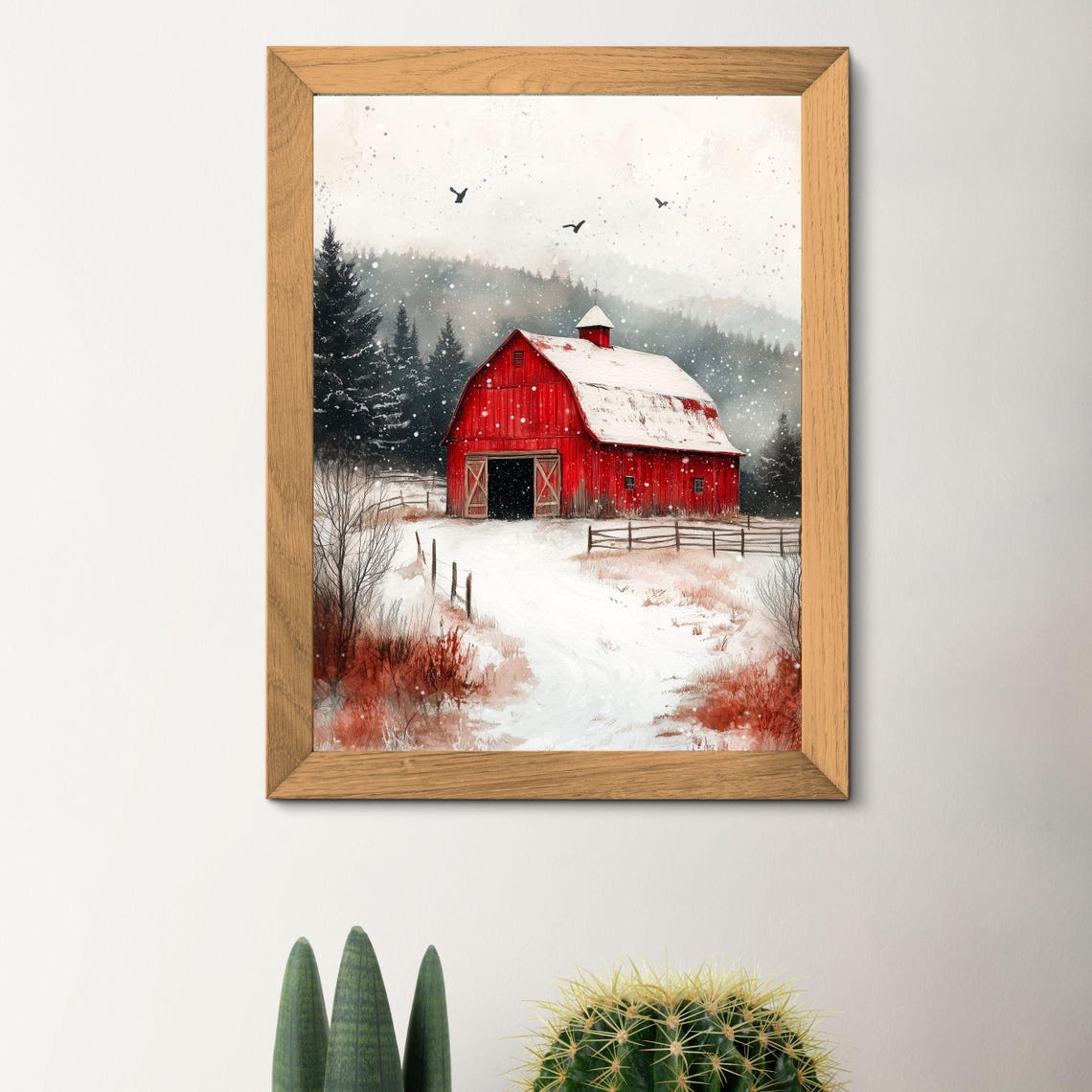 Christmas Deer Wall Art Set of 3. Red Barn, Frozen River