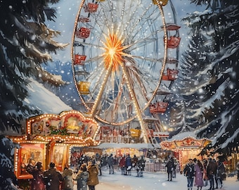 Holiday Festival Night Christmas Market Digital Download Wall Art, Christmas Carnival Scene Festive Winter Wonderland Wall Art Download