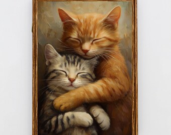 Cat Cuddles Art Print - Gray and Orange Tabby Watercolor Wall Art - Wedding or Anniversary Gift - Cute Cat Wall Art Printable for Pet Lovers