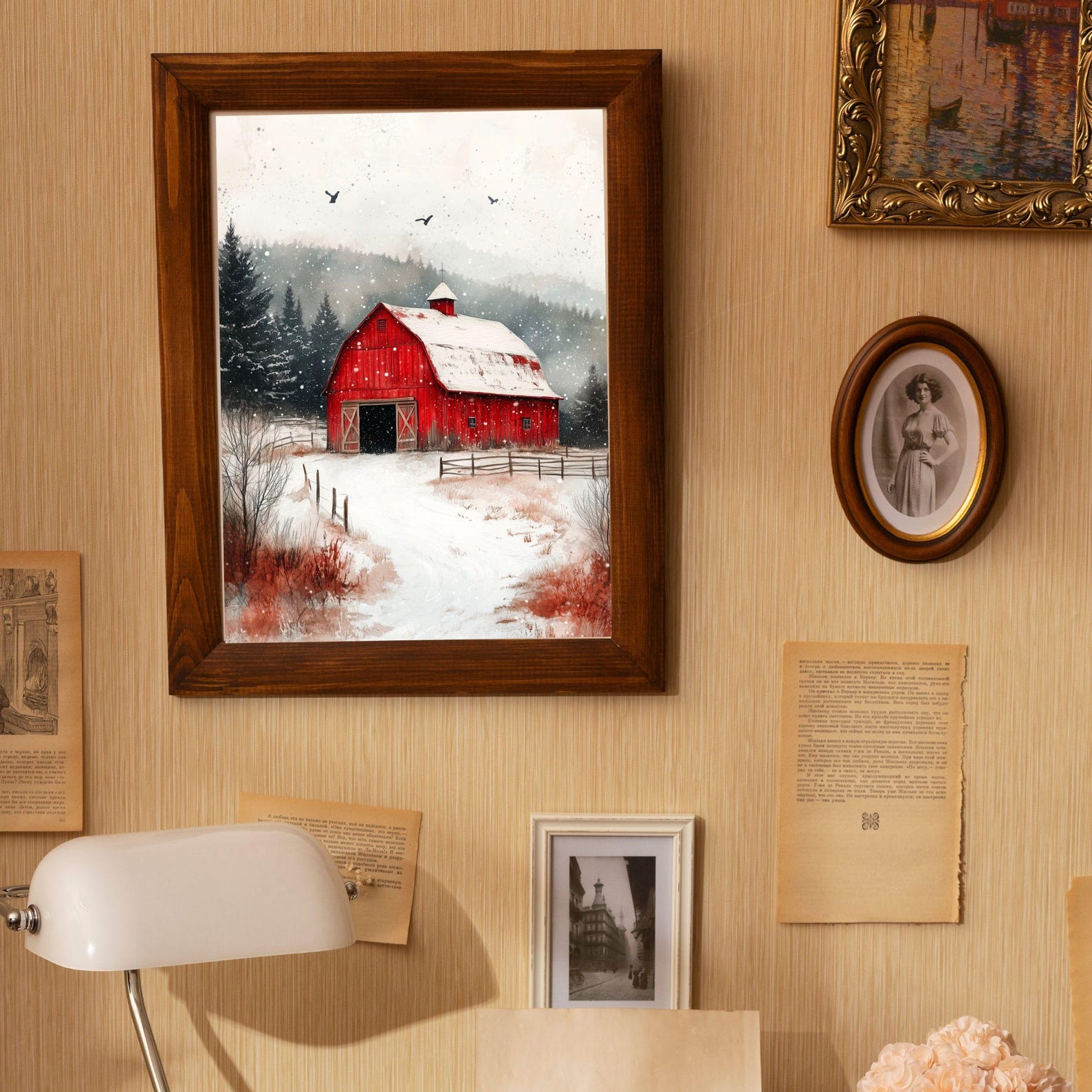 Red Barn Winter Landscape Printable Wall Art - Rustic Farmhouse Decor ...
