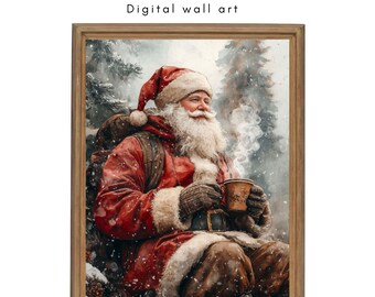 Vintage Santa Claus Watercolor Print - Peaceful Winter Forest Scene with Coffee, Cozy Christmas Digital Wall Art for Holiday Home Decor
