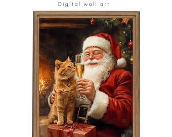 Vintage Santa Claus and Cat Christmas Wall Art, Cozy Fireplace Scene, Watercolor Digital Download for Holiday Decor, Funny Santa Drinking