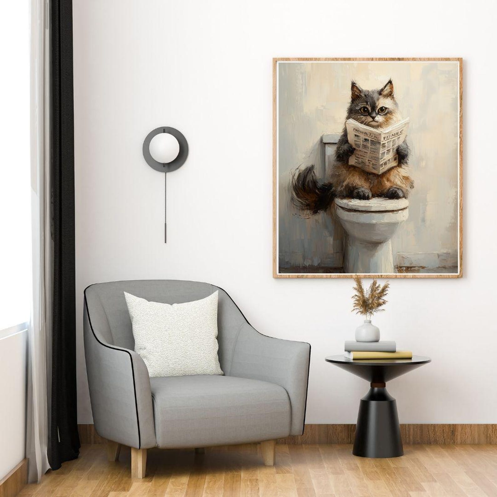Funny Cat on Toilet Reading Newspaper, Quirky Bathroom Wall Art Digital ...