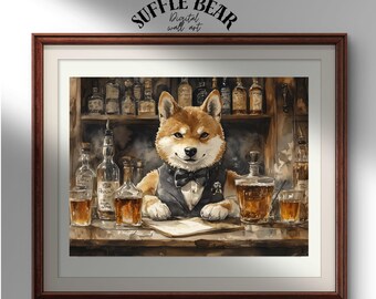 Shiba Inu Bartender Watercolor Wall Art – Vintage Bar Scene Digital Download for Home or Bar Decor - Wall Art Gift for Friend