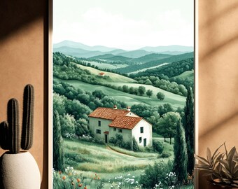 Tuscan Countryside Wall Art Digital Download, Italian Landscape Print, Rustic Farmhouse Decor, Rolling Hills Watercolor Style Artwork
