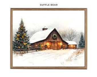 Christmas Winter Barn Watercolor Wall Art, Rustic Snowy Farmhouse Scene with Christmas Tree Digital Download, Farmhouse Wall Decor