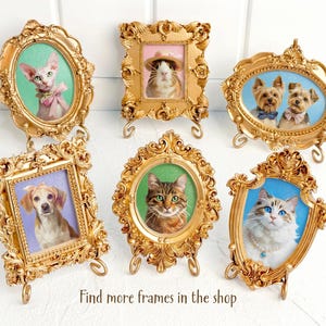 Group display of six vintage-style gold-framed acrylic pet portraits, showcasing various dogs and cats with colorful backgrounds and ornate detailing.