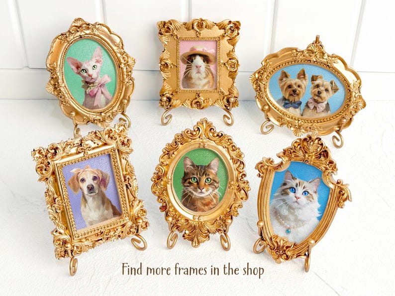 Group display of six vintage-style gold-framed acrylic pet portraits, showcasing various dogs and cats with colorful backgrounds and ornate detailing.