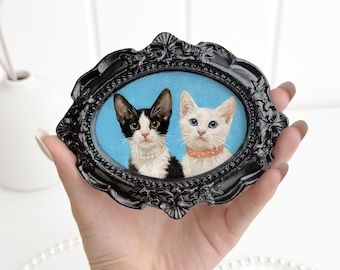 Custom Pet Portrait in Black Ornate Oval Frame – Dog or Cat Painting from Photo – Mini Hand-Painted Acrylic Pet Memorial Gift