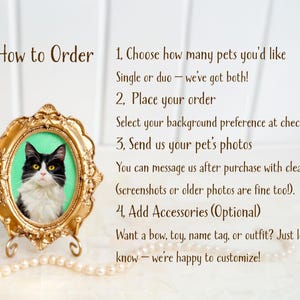 Acrylic portrait of a tuxedo cat in a vintage gold oval frame with a green background, accompanied by ordering instructions in brown font on a light backdrop.