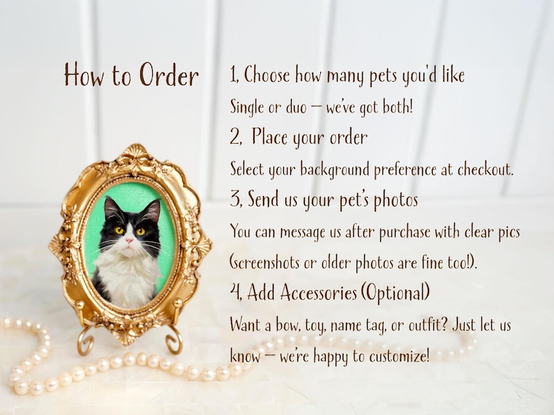 Acrylic portrait of a tuxedo cat in a vintage gold oval frame with a green background, accompanied by ordering instructions in brown font on a light backdrop.
