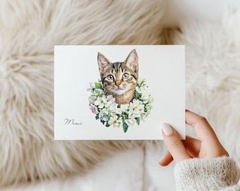 Custom Watercolor Pet Portrait with Custom Floral Wreath – Personalized Dog & Cat Painting from Your Photo, a Unique Gift for Pet Lovers