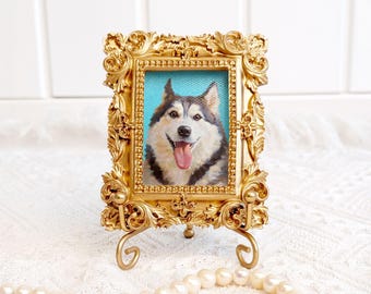 Custom Acrylic Pet Portrait – Hand-Painted Dog or Cat Art in Vintage Gold Frame, Personalized Pet Memorial Gift