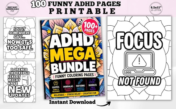 ADHD Coloring Pages Bundle | 100 Funny Printable Adult Coloring Pages | Stress Relief PDF | Neurodivergent Gift | Instant Download